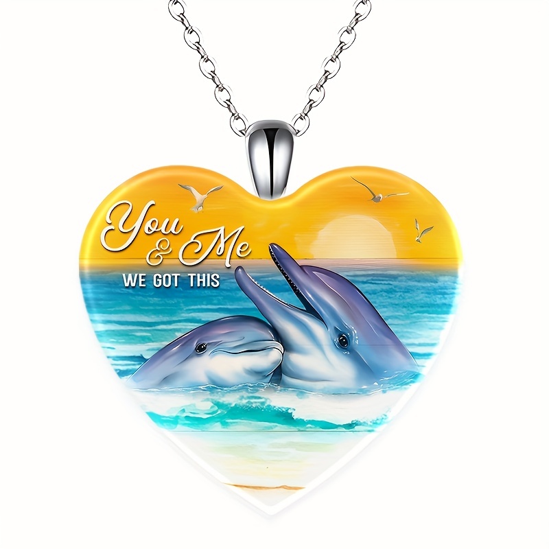 Dolphin Love Heart Crystal Pendant Necklace for Christmas Party Gift